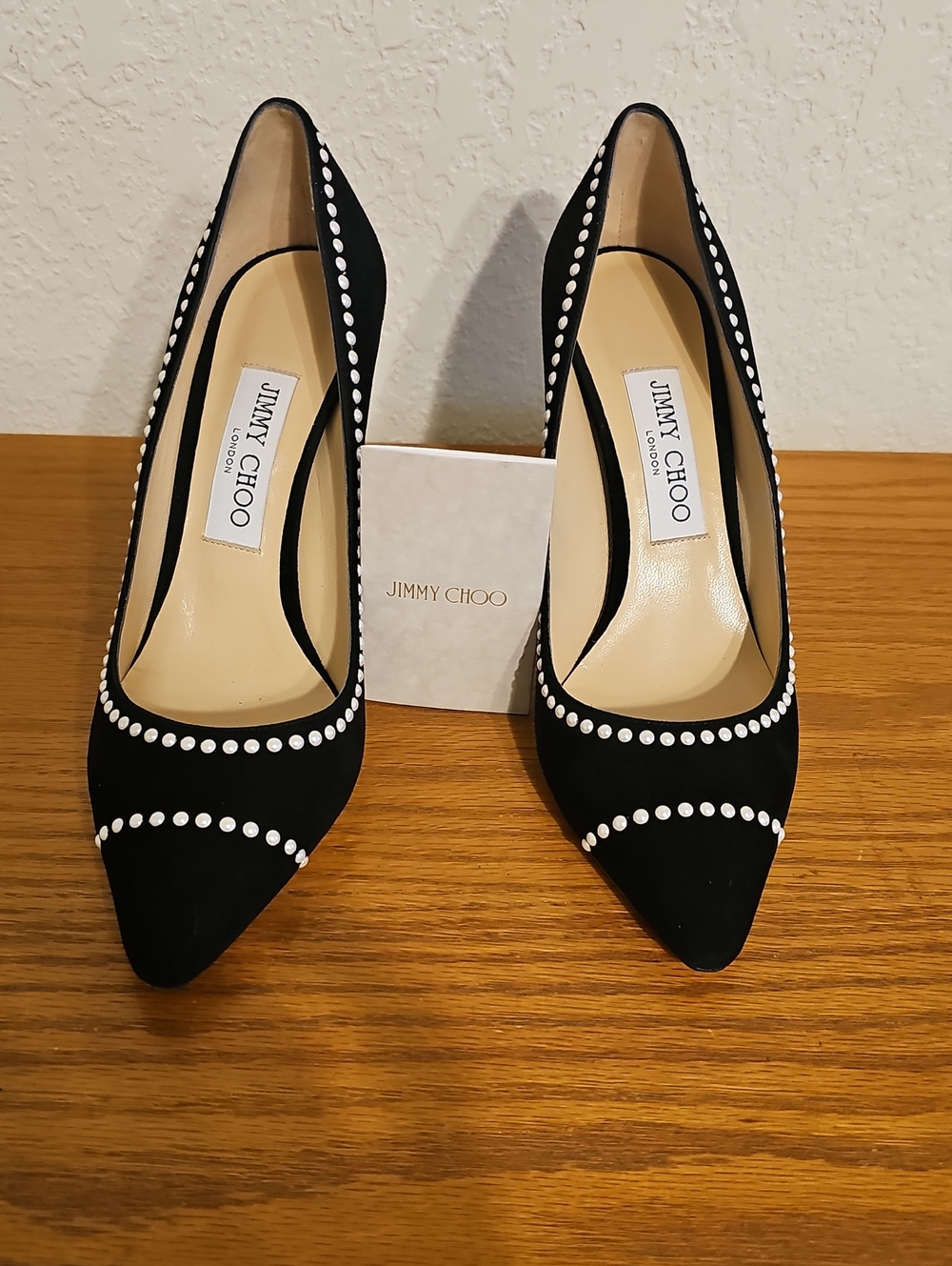 Jimmy Choo Black Suede Pointed Toe Pumps with Crystal Dot Trim